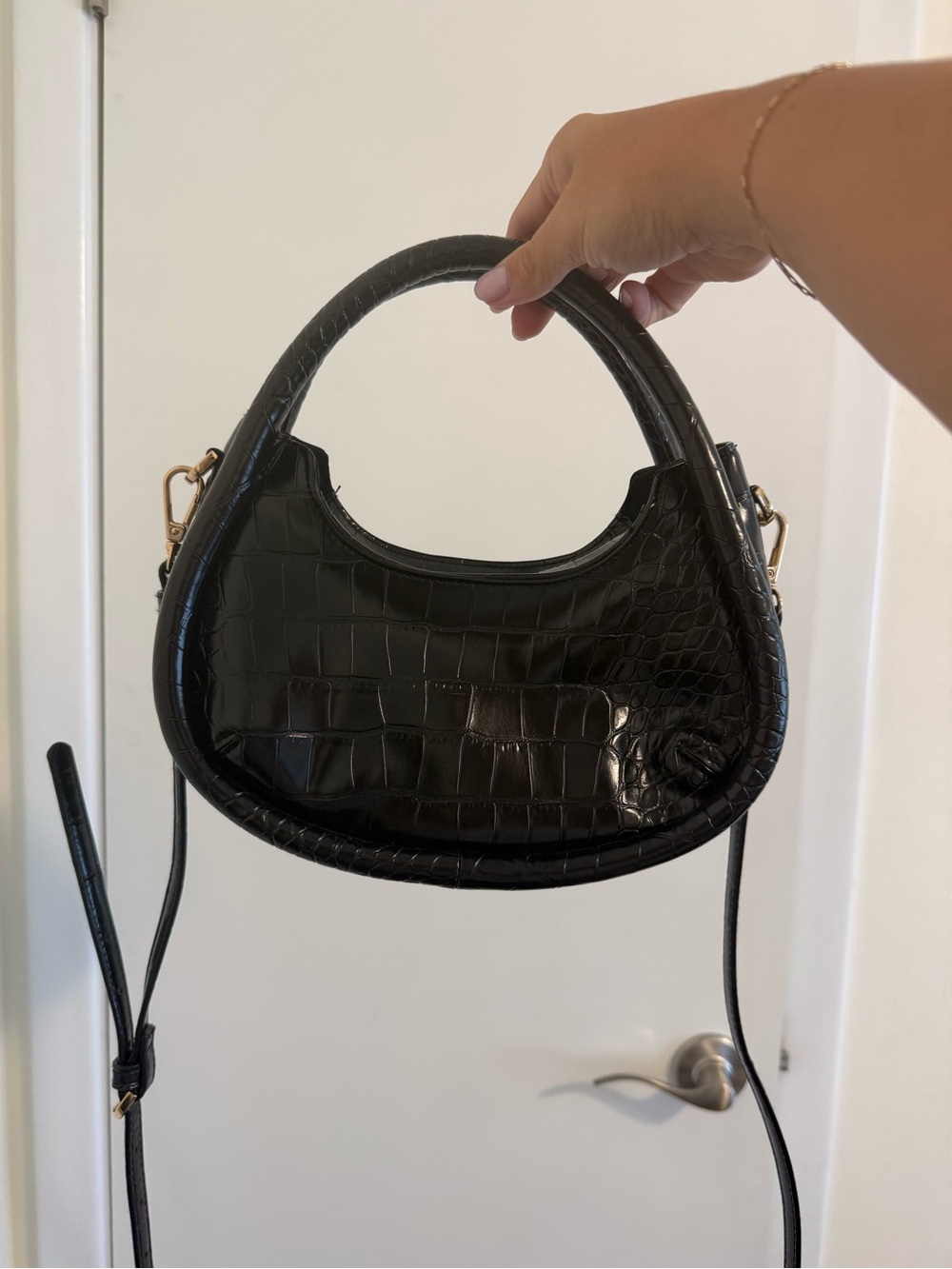 a new day Black Croc-Embossed Crescent Shoulder Bag with Gold Hardware